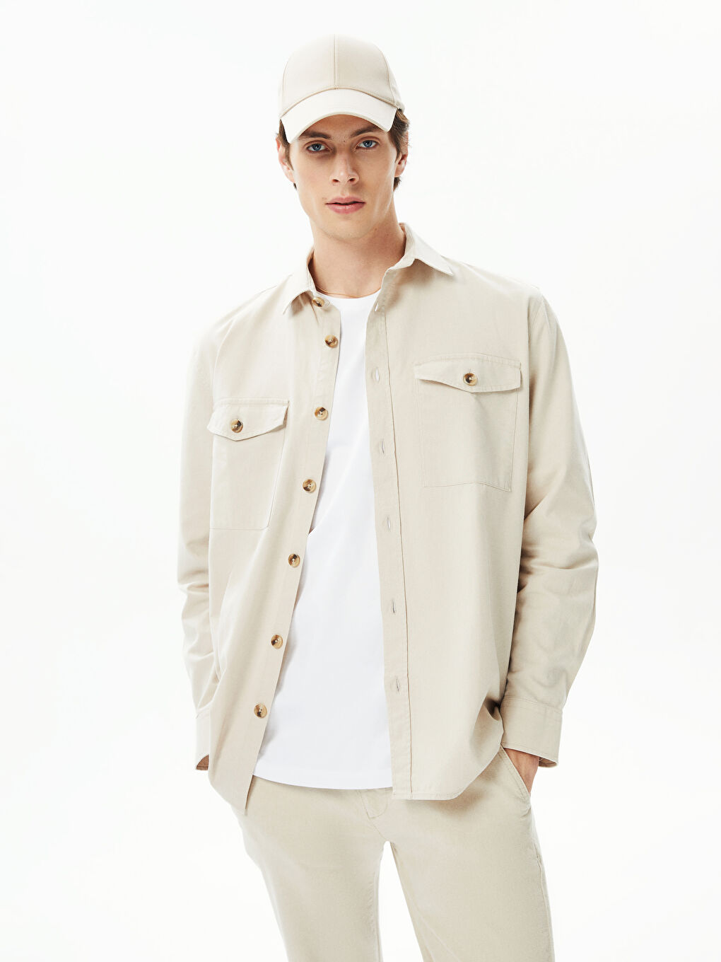 Bej Regular Fit Uzun Kollu Keten Karışımlı Erkek Gömlek Ceket