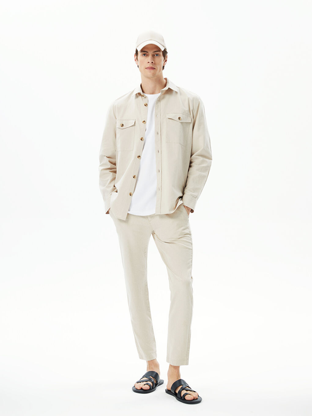 Bej Regular Fit Uzun Kollu Keten Karışımlı Erkek Gömlek Ceket-4