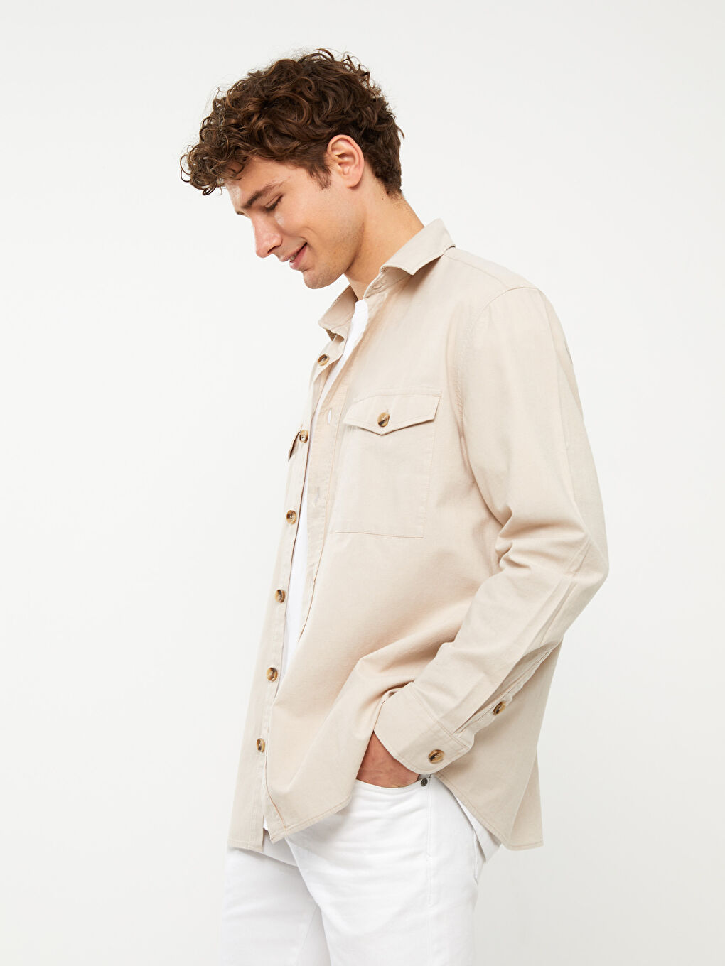Bej Regular Fit Uzun Kollu Keten Karışımlı Erkek Gömlek Ceket-1