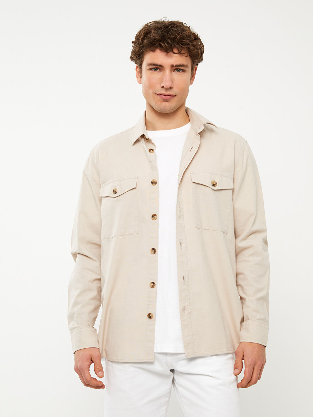 Bej Regular Fit Uzun Kollu Keten Karışımlı Erkek Gömlek Ceket-3