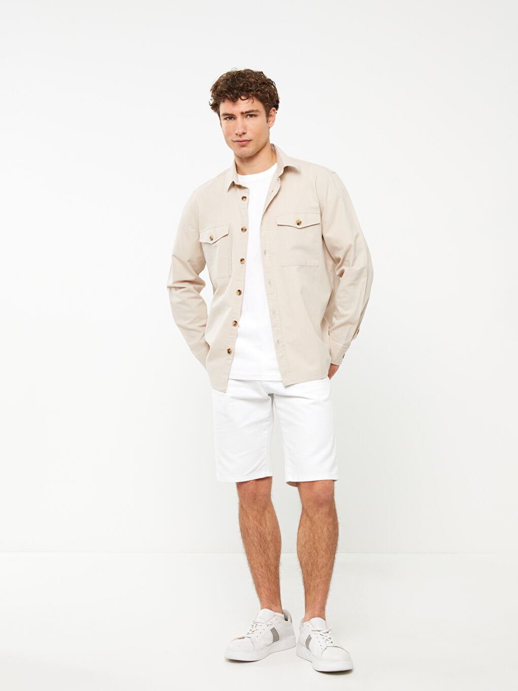 Bej Regular Fit Uzun Kollu Keten Karışımlı Erkek Gömlek Ceket-5