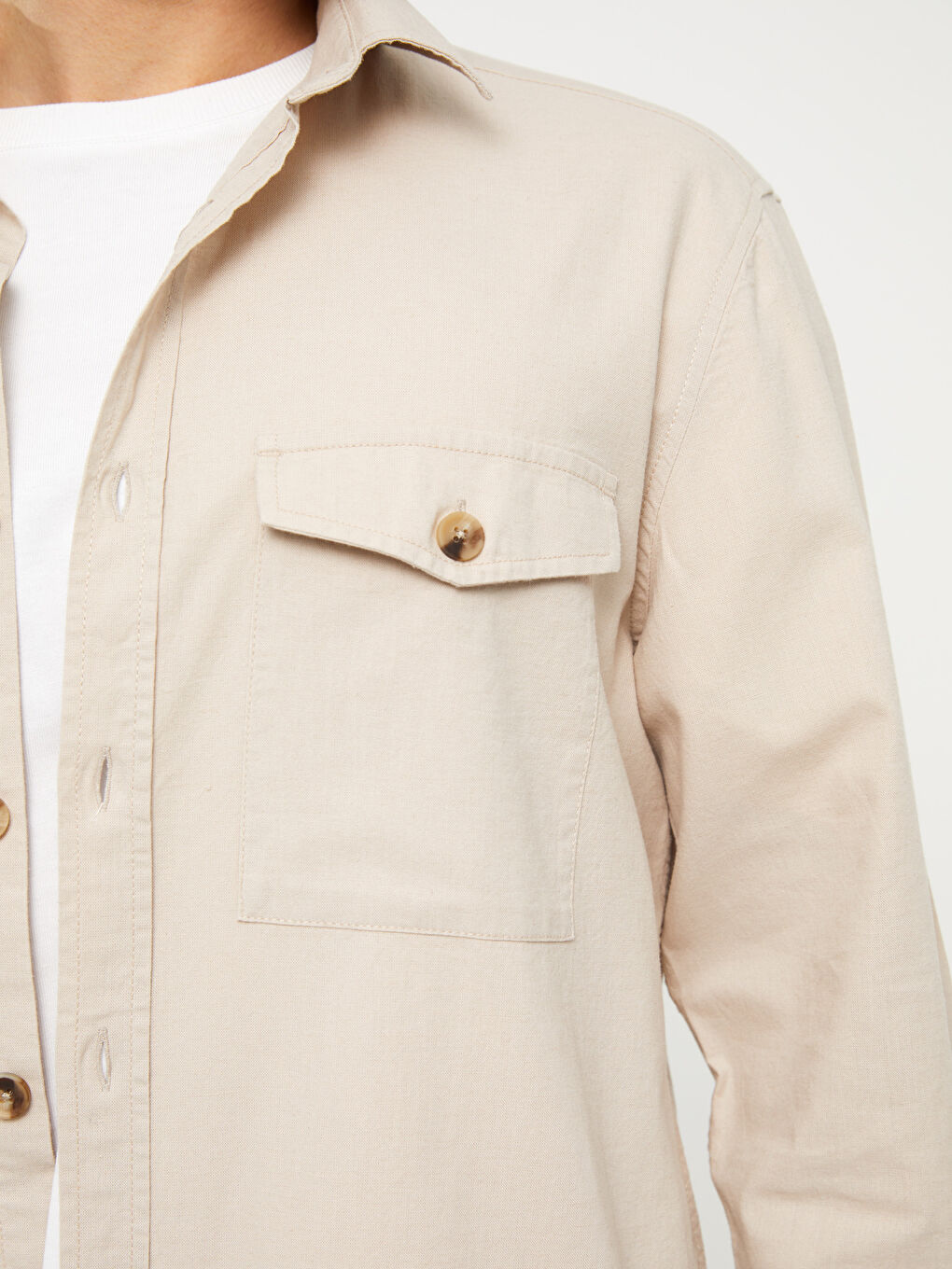 Bej Regular Fit Uzun Kollu Keten Karışımlı Erkek Gömlek Ceket-6