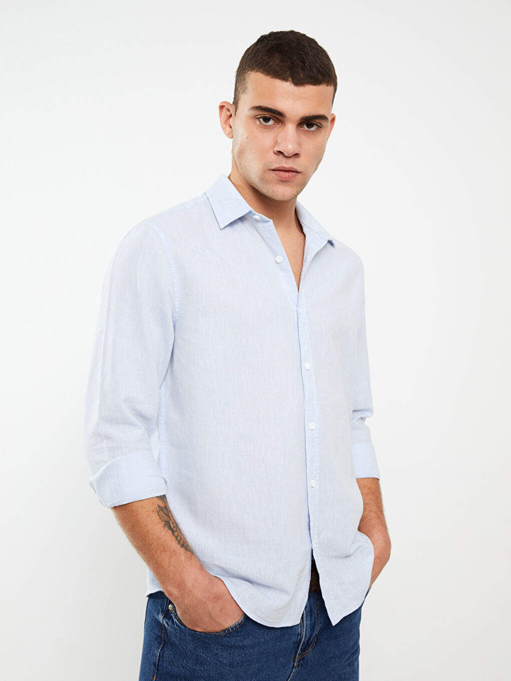 Mavi Regular Fit Uzun Kollu Keten Karışımlı Erkek Gömlek