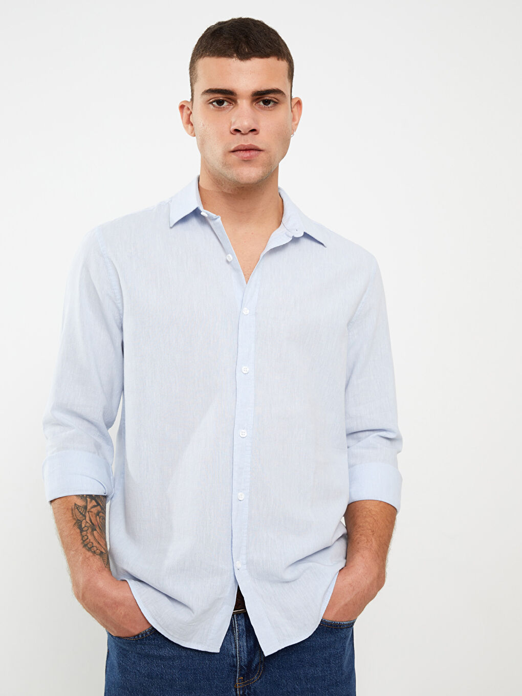 Mavi Regular Fit Uzun Kollu Keten Karışımlı Erkek Gömlek-1