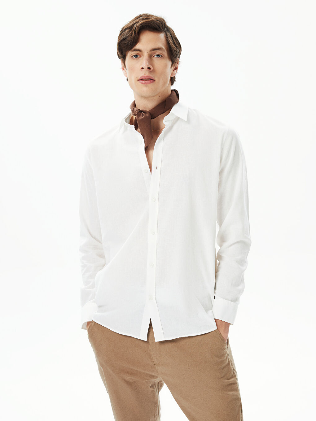 Beyaz Regular Fit Uzun Kollu Keten Karışımlı Erkek Gömlek-3