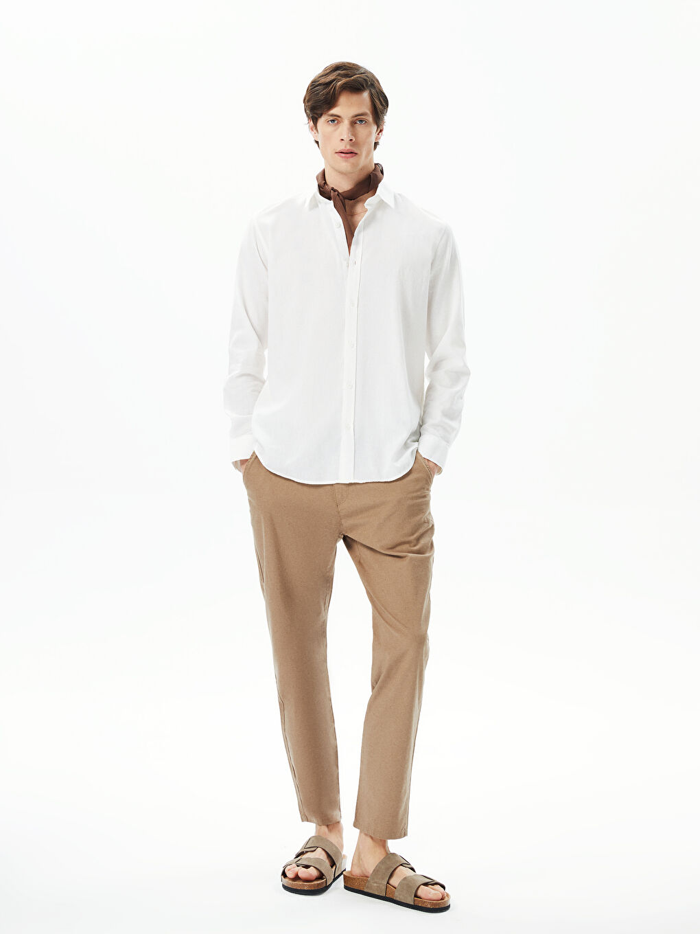 Beyaz Regular Fit Uzun Kollu Keten Karışımlı Erkek Gömlek-5