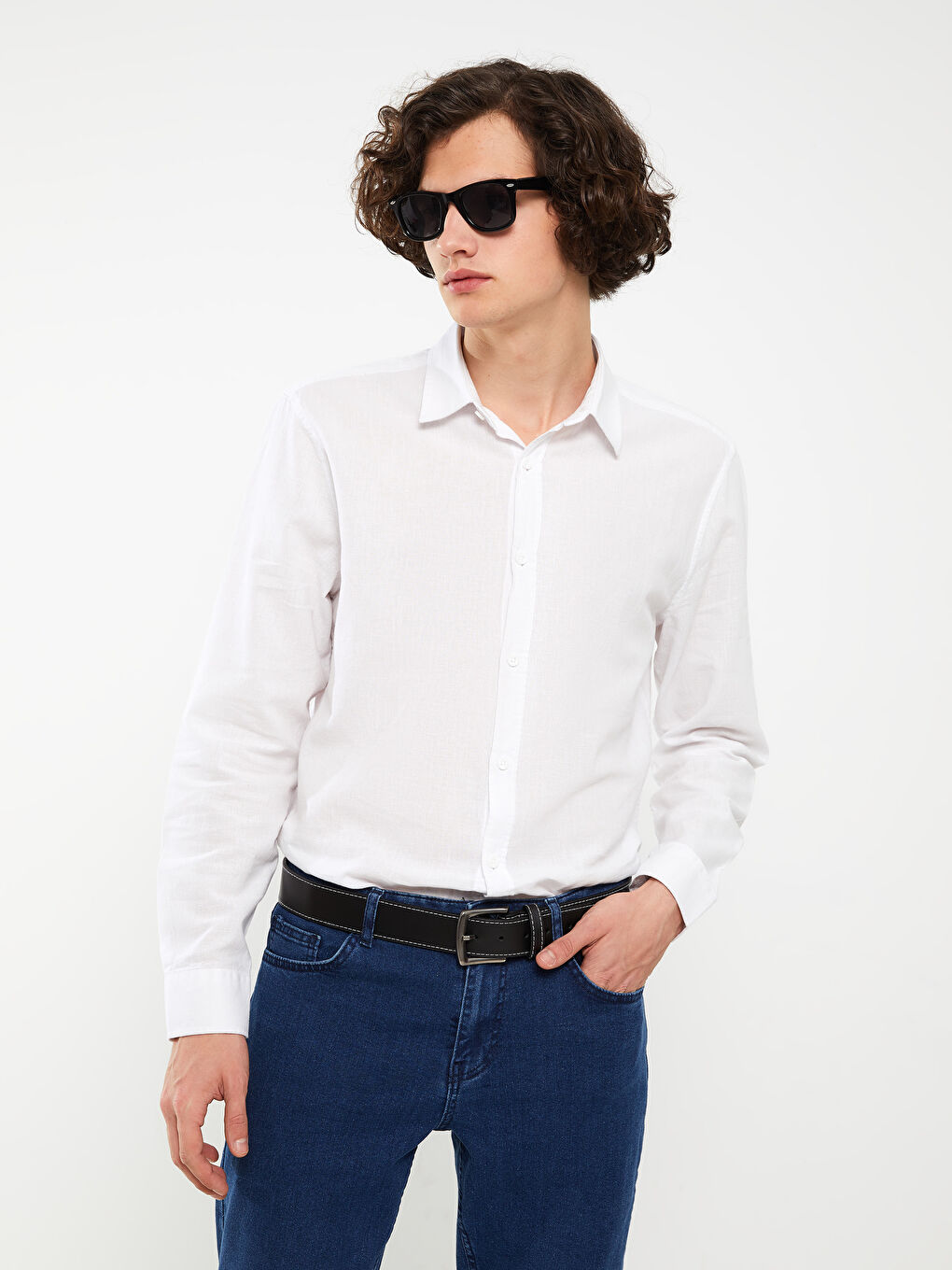 Beyaz Regular Fit Uzun Kollu Keten Karışımlı Erkek Gömlek-2