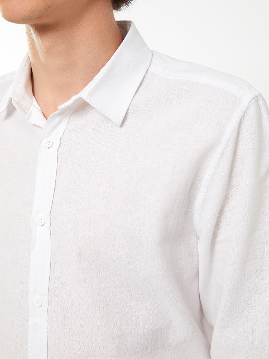 Beyaz Regular Fit Uzun Kollu Keten Karışımlı Erkek Gömlek-7