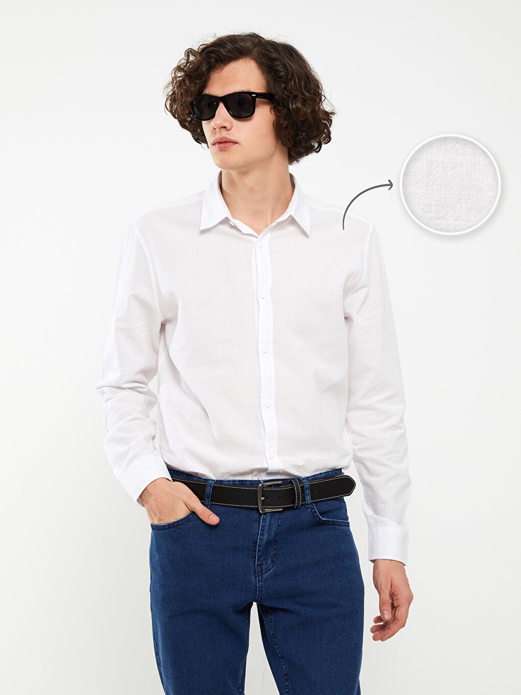 Beyaz Regular Fit Uzun Kollu Keten Karışımlı Erkek Gömlek