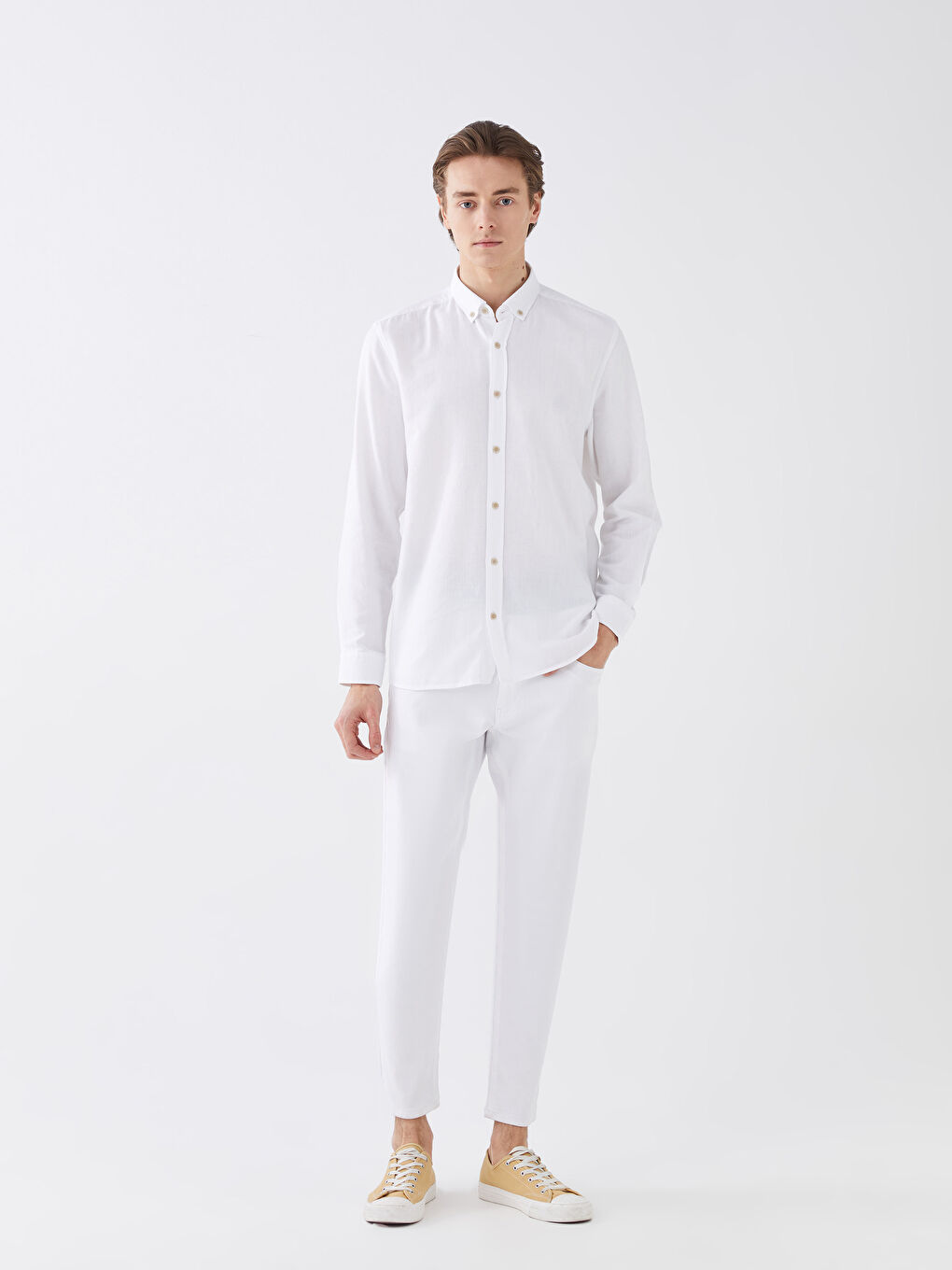 Beyaz Regular Fit Uzun Kollu Armürlü Erkek Gömlek-2