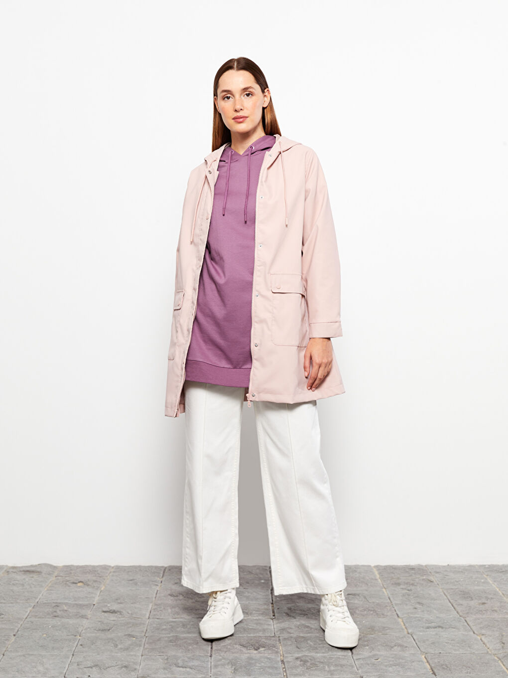 Pembe Kadın Kapüşonlu Düz Mont-1