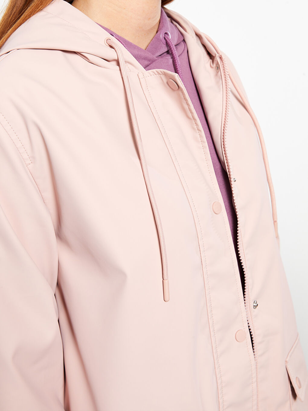 Pembe Kadın Kapüşonlu Düz Mont-2