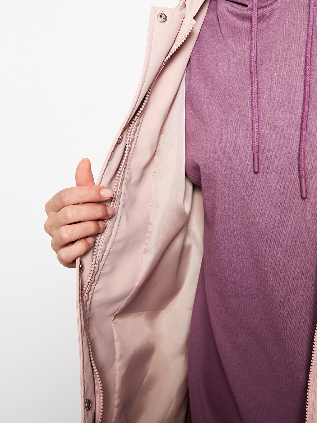 Pembe Kadın Kapüşonlu Düz Mont-3