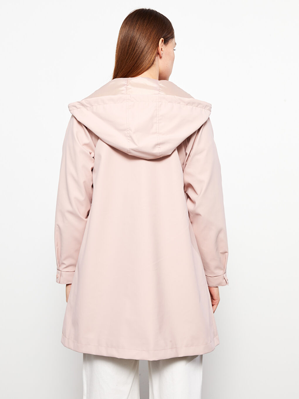 Pembe Kadın Kapüşonlu Düz Mont-4