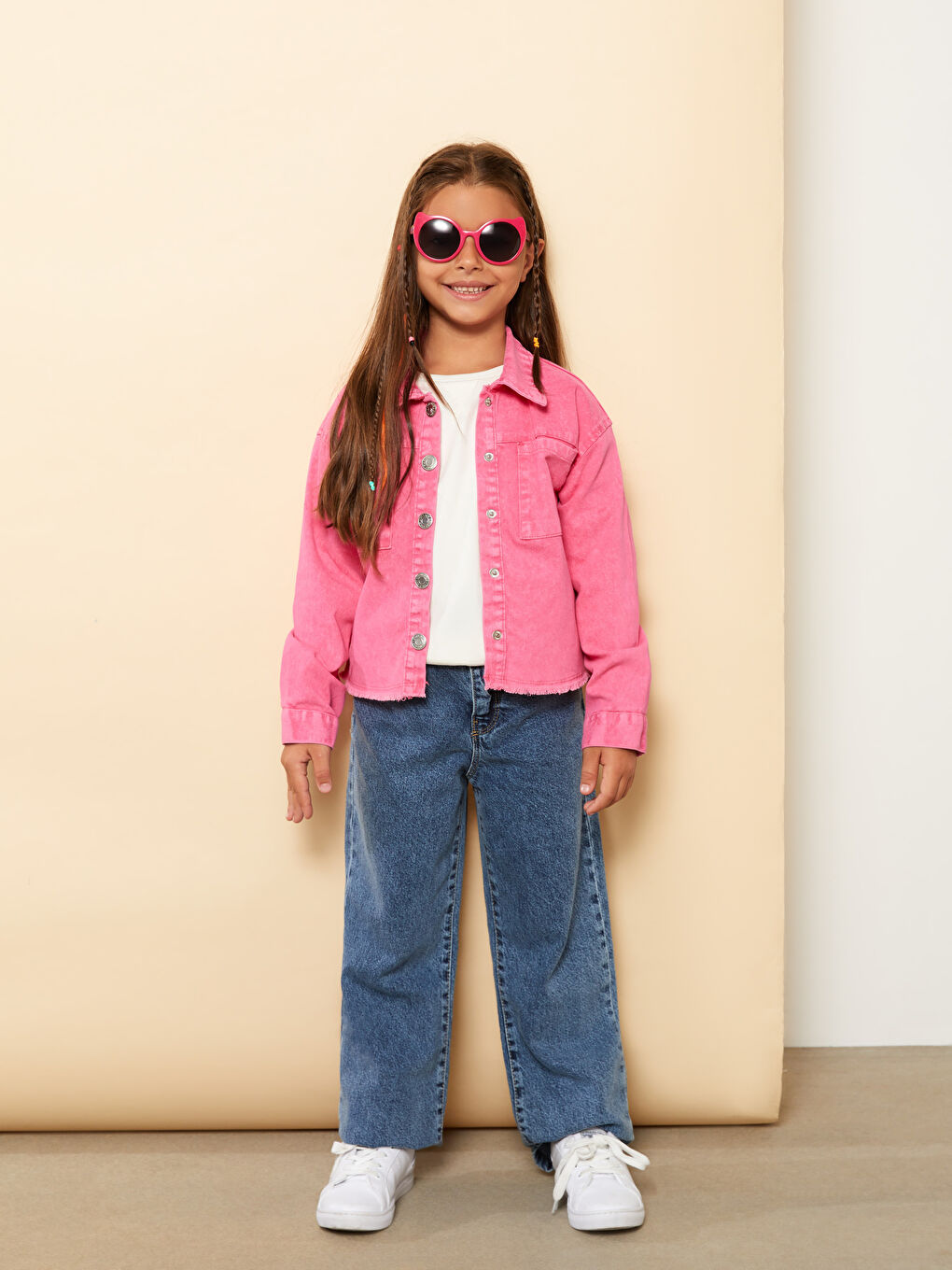 Pembe Basic Uzun Kollu Pamuklu Kız Çocuk Gömlek