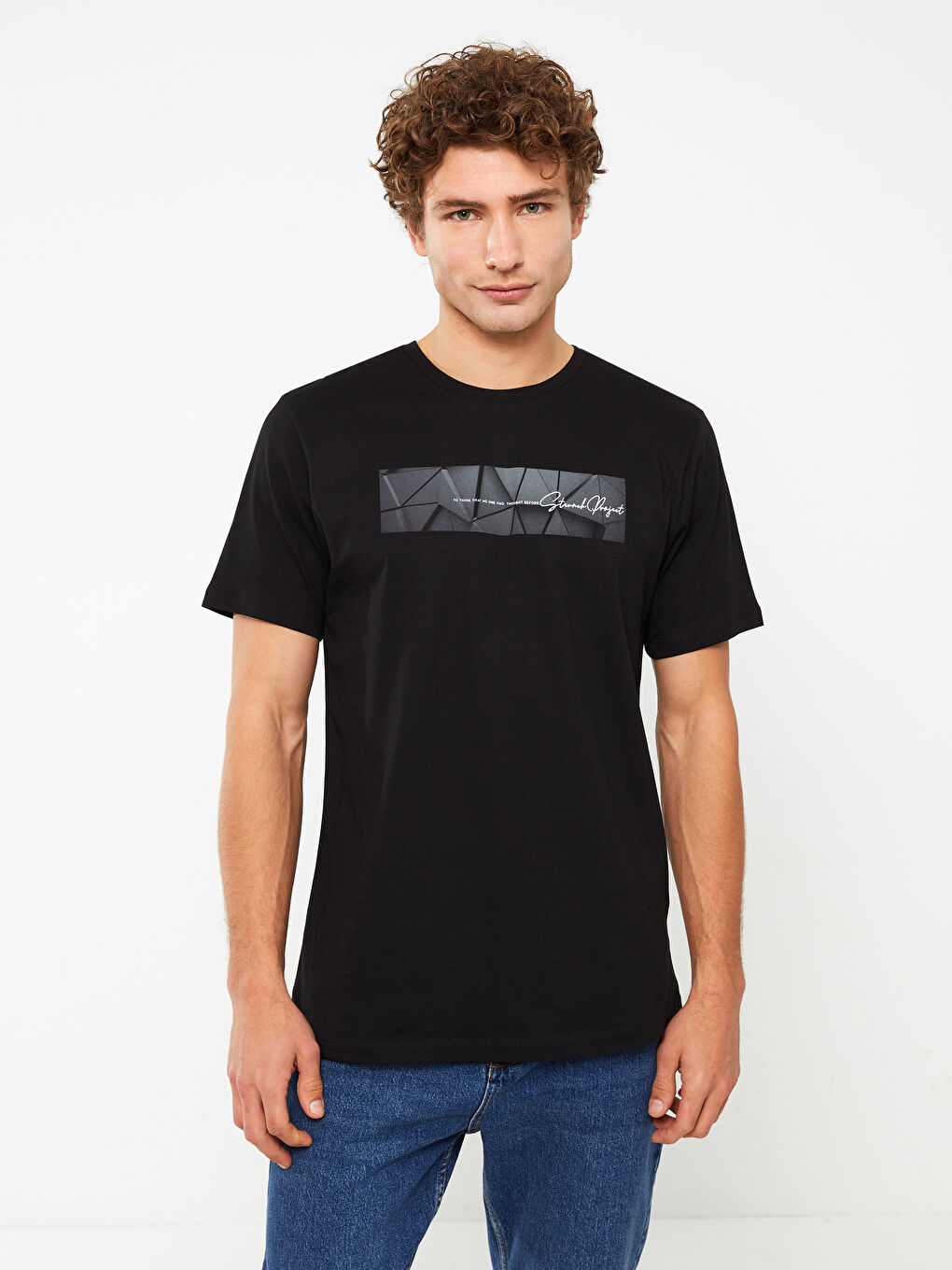 Siyah Bisiklet Yaka Kısa Kollu Baskılı Penye Erkek Tişört-1