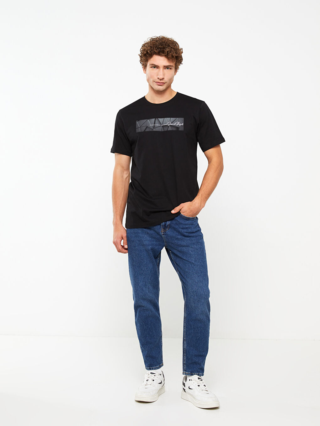 Siyah Bisiklet Yaka Kısa Kollu Baskılı Penye Erkek Tişört-2