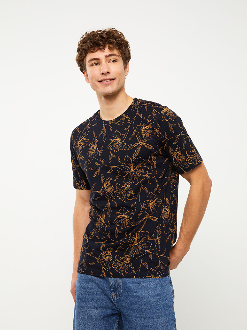 Lacivert Bisiklet Yaka Kısa Kollu Baskılı Penye Erkek Tişört