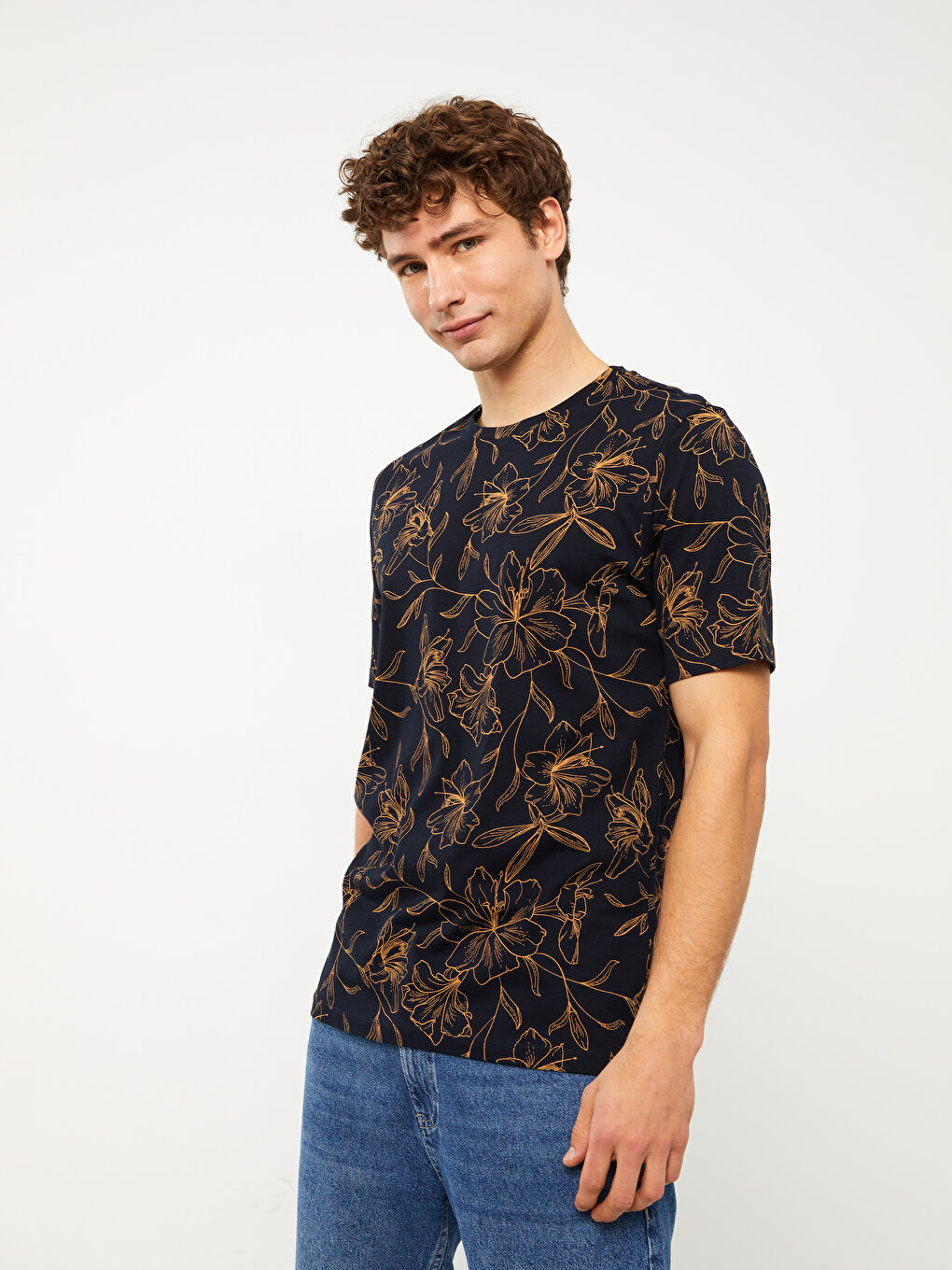 Lacivert Bisiklet Yaka Kısa Kollu Baskılı Penye Erkek Tişört-1