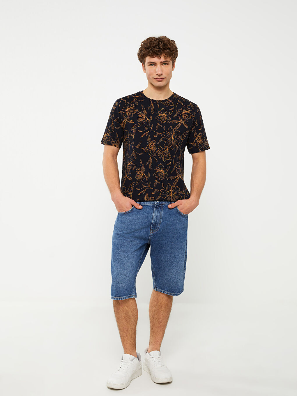 Lacivert Bisiklet Yaka Kısa Kollu Baskılı Penye Erkek Tişört-2