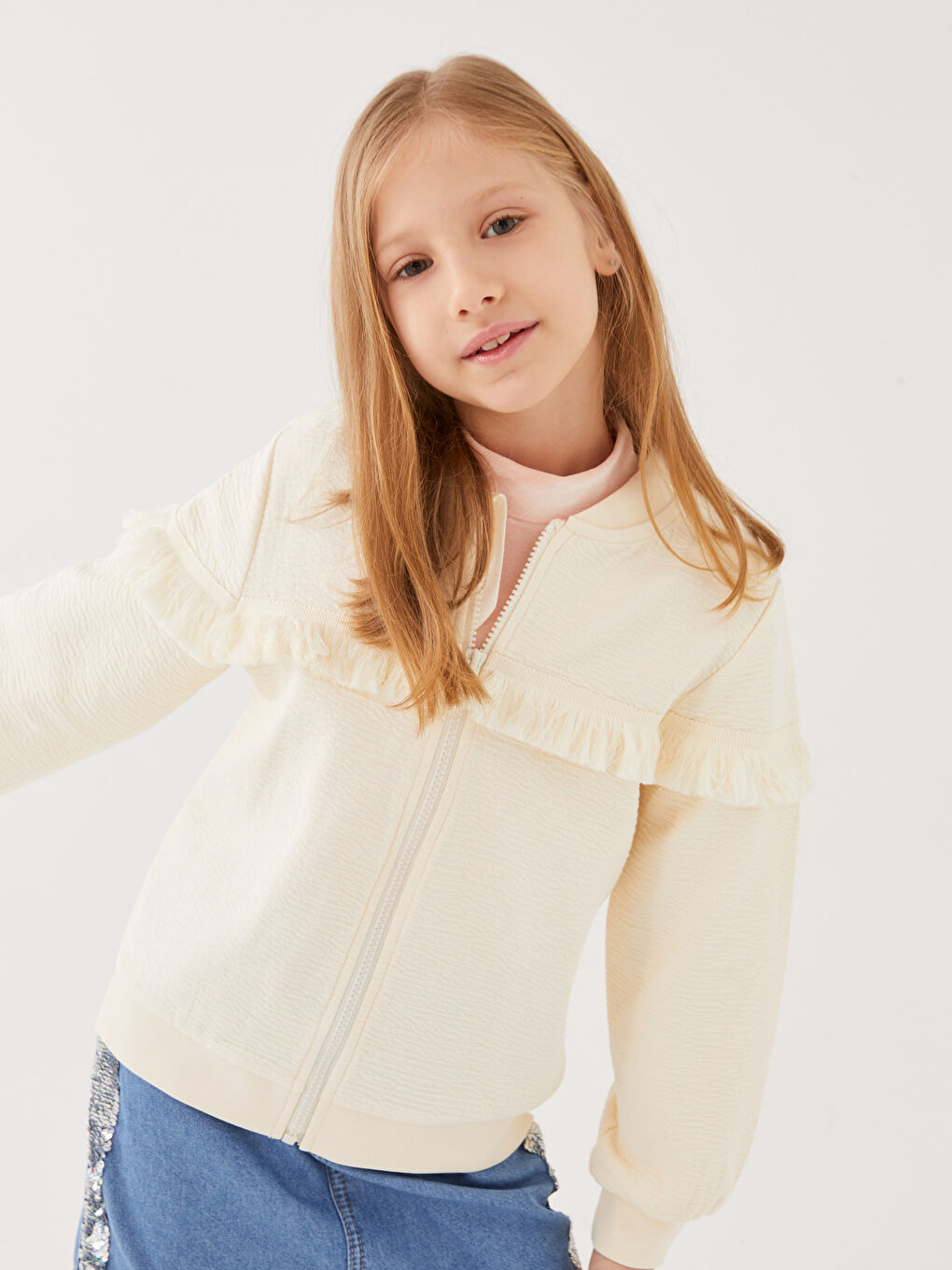 Grandad Collar Long Sleeve Girls Zippered Sweatshirt -S33007Z4-FRC