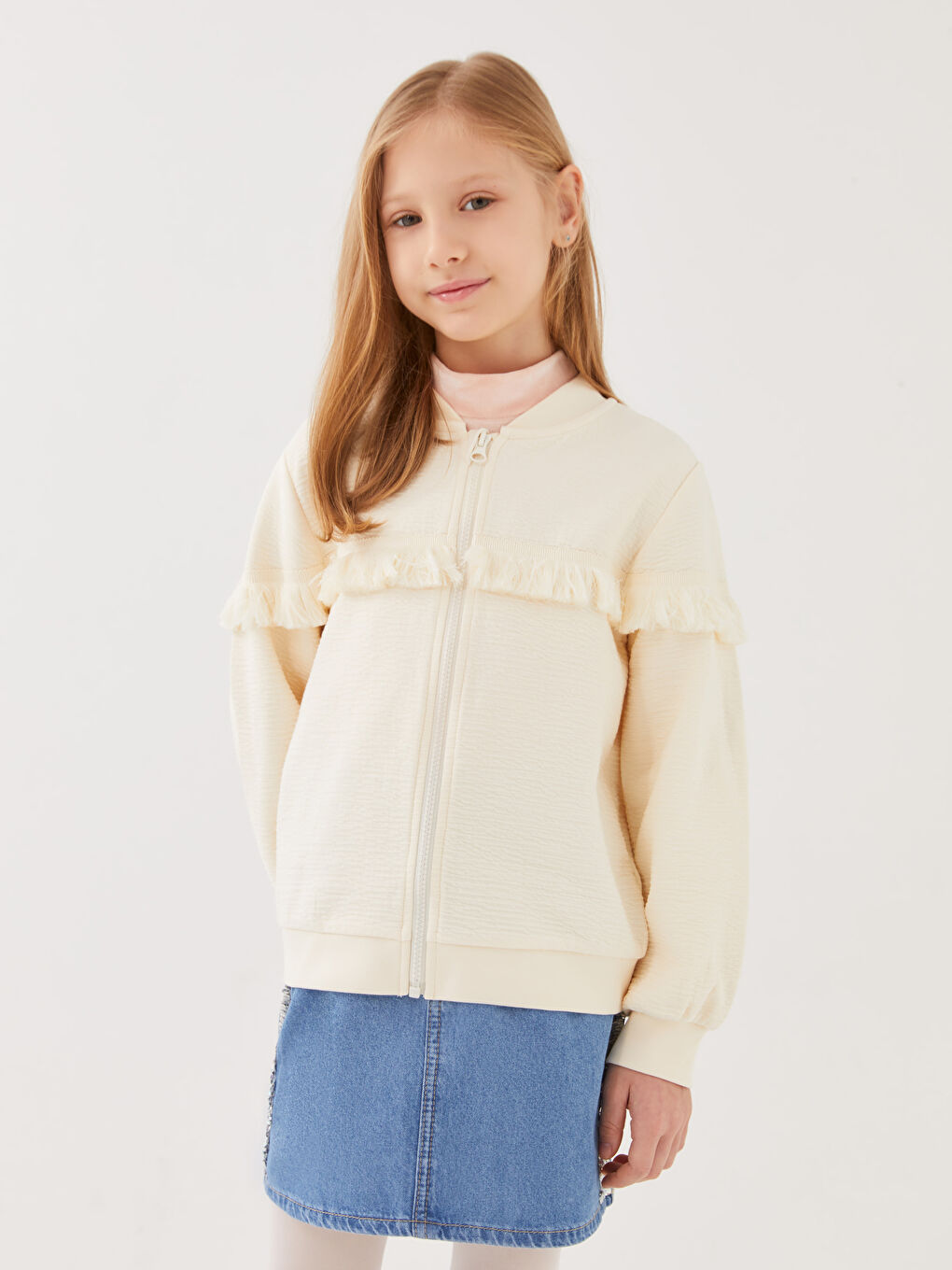 Grandad Collar Long Sleeve Girls Zippered Sweatshirt -S33007Z4-FRC