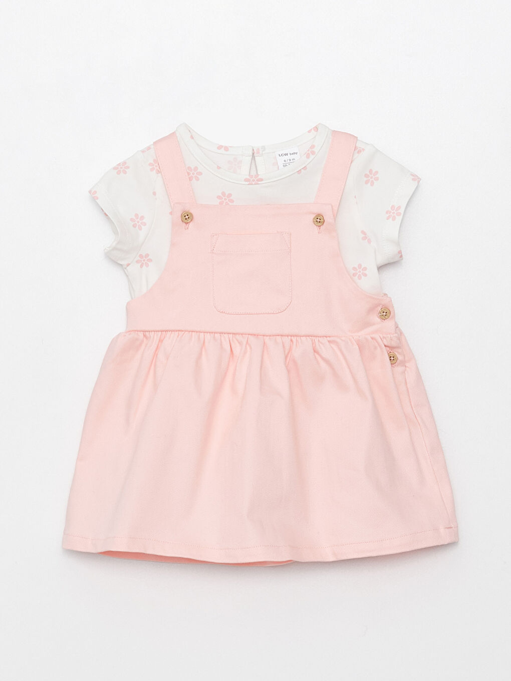 Pembe Bisiklet Yaka Kısa Kollu Kız Bebek Bluz ve Salopet Elbise 2'li Takım