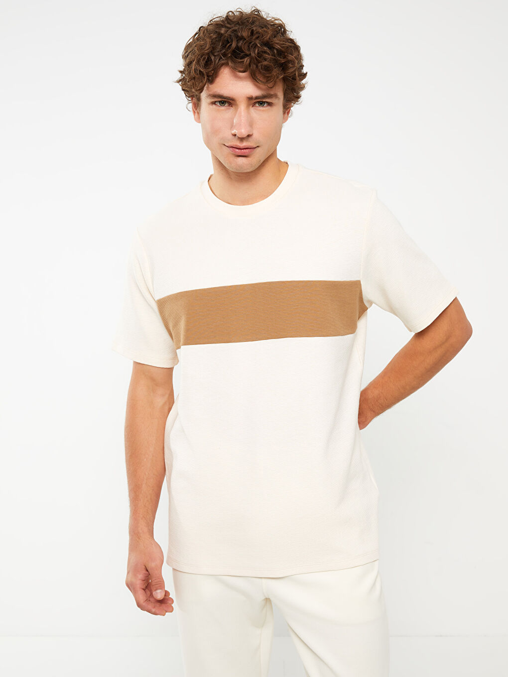 Ekru Bisiklet Yaka Kısa Kollu Renk Bloklu Erkek Tişört