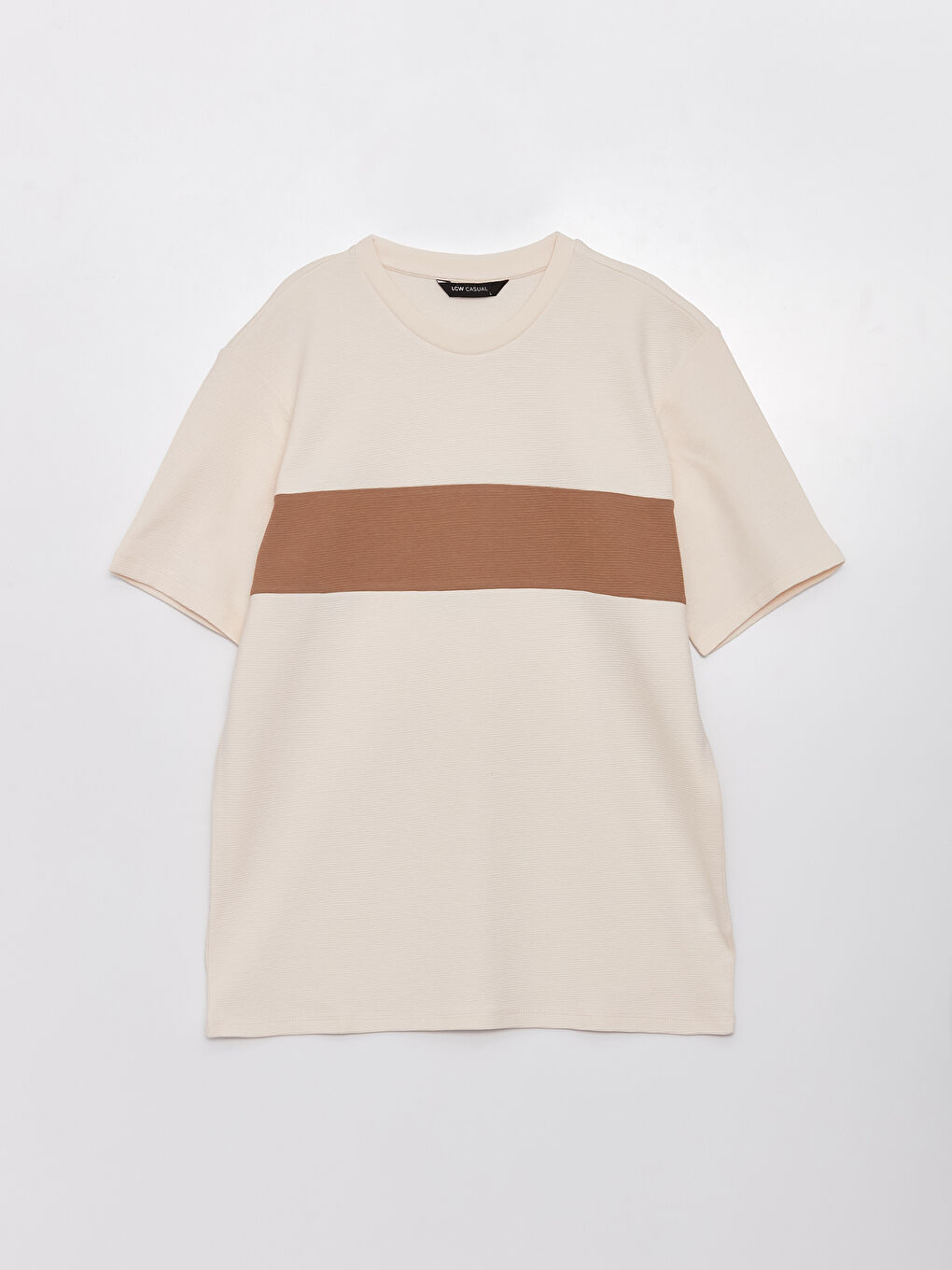 Ekru Bisiklet Yaka Kısa Kollu Renk Bloklu Erkek Tişört-5
