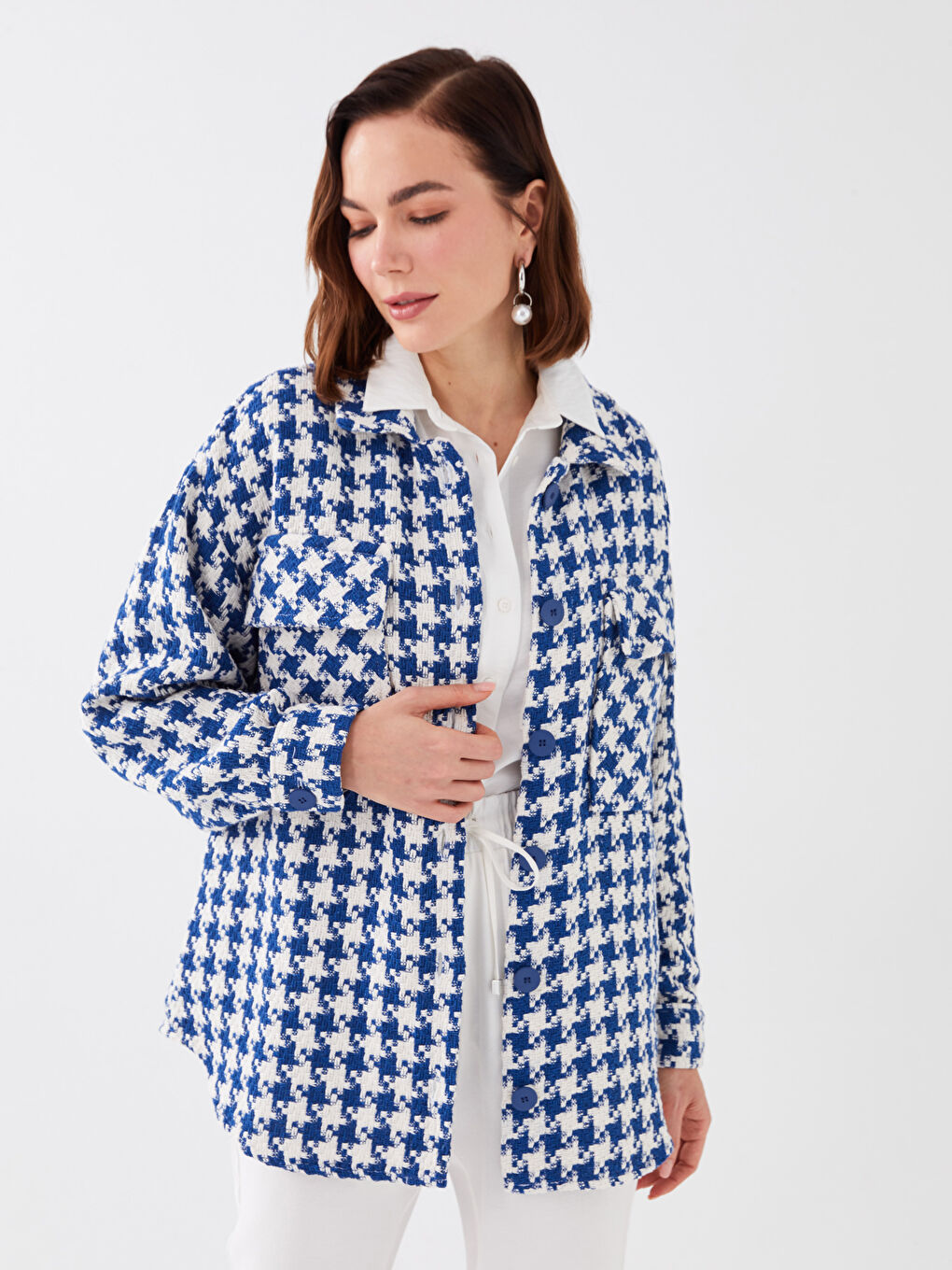 Patterned Long Sleeve Oversize Tweed Women's Shirt Jacket-1