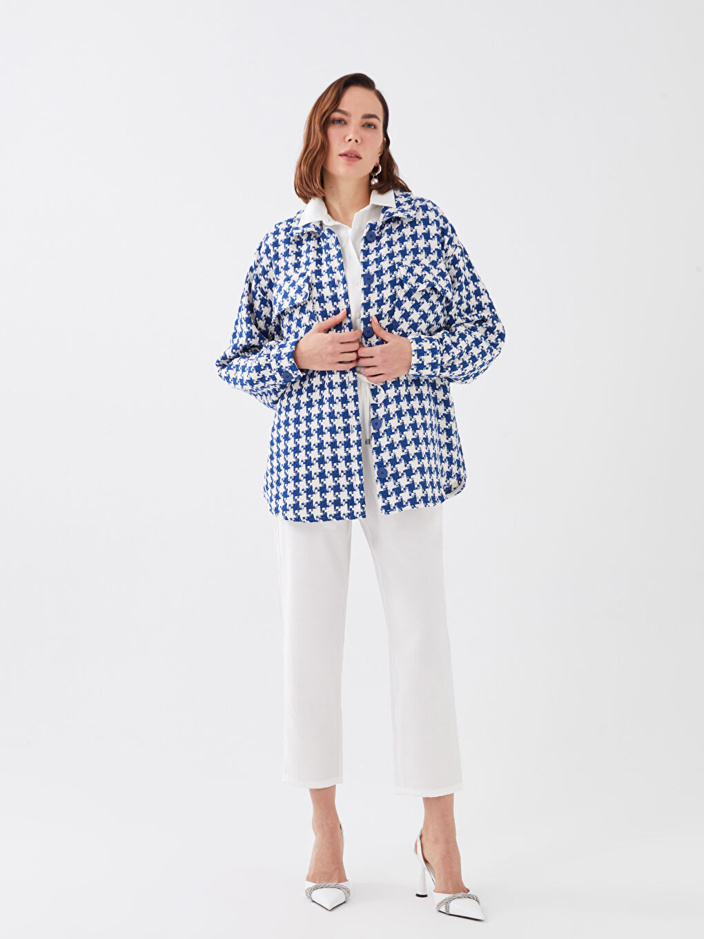 Patterned Long Sleeve Oversize Tweed Women's Shirt Jacket-2