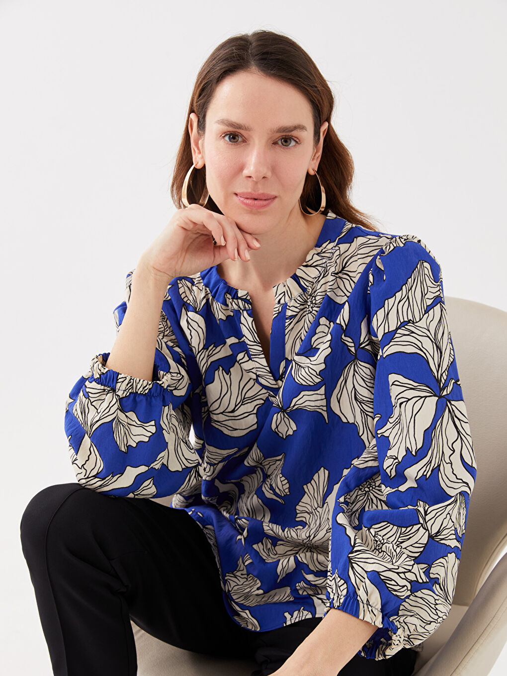 LCWAIKIKI Classic Women's Henley Neckline Patterned Long Sleeve Blouse -S33109Z8-F9C