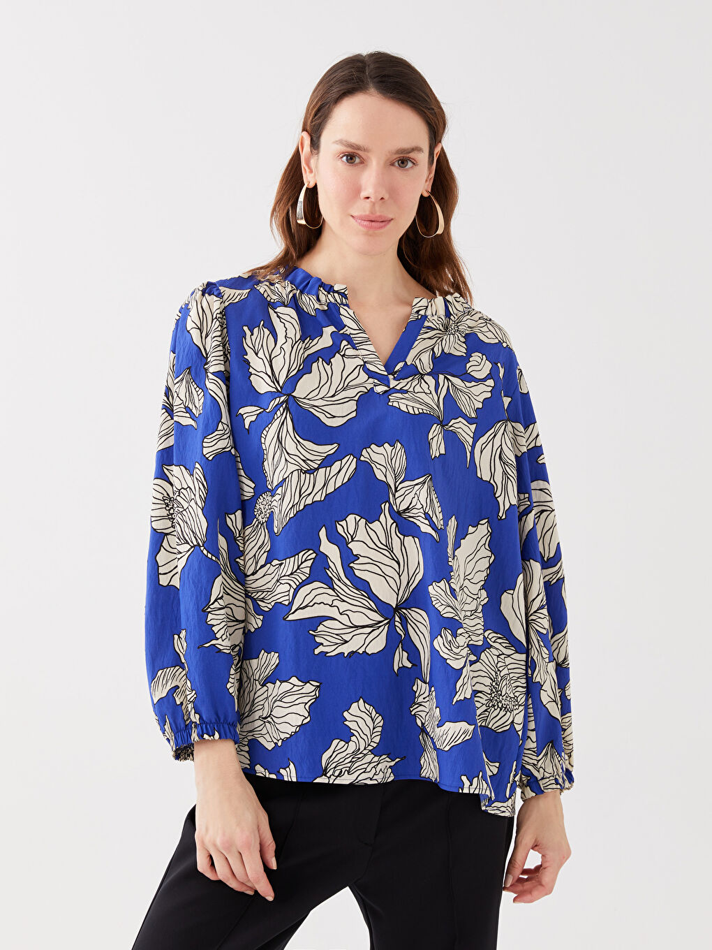 LCWAIKIKI Classic Women's Henley Neckline Patterned Long Sleeve Blouse -S33109Z8-F9C