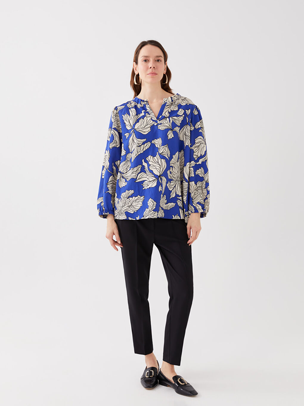 LCWAIKIKI Classic Women's Henley Neckline Patterned Long Sleeve Blouse -S33109Z8-F9C