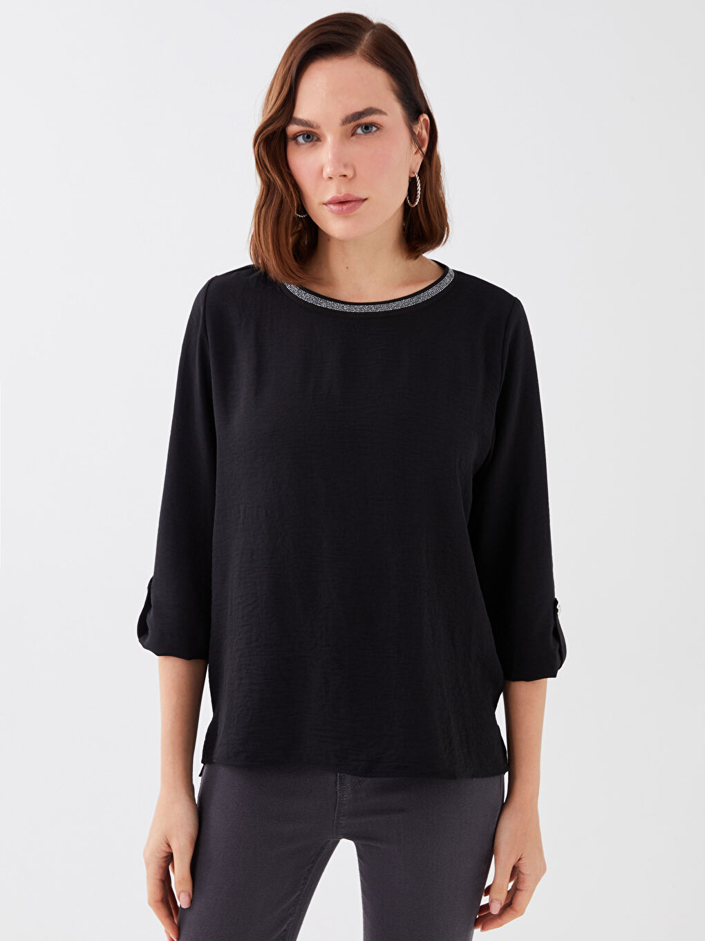 Women's Crew Neck Plain Blouse-1