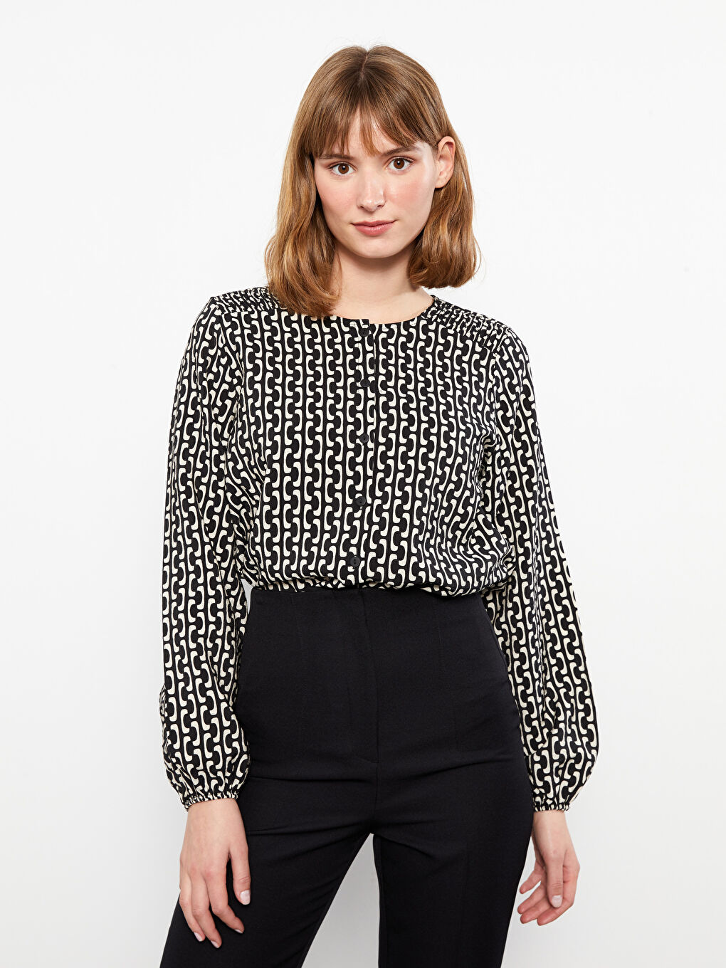 Bluză cu Guler Rotund, Cu Model, Mânecă Lungă, pentru Femei