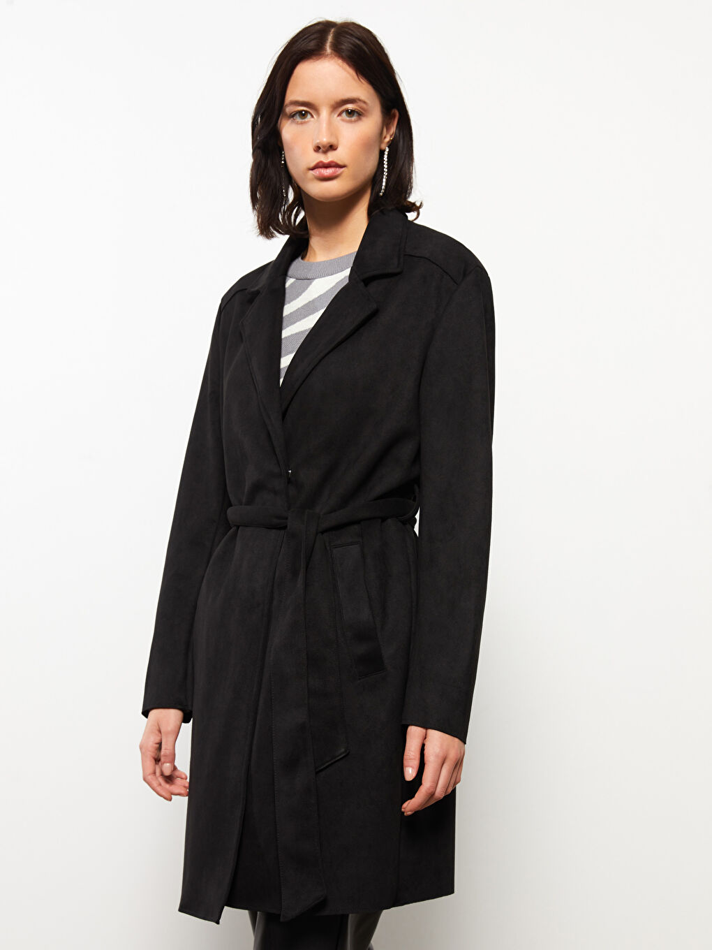 Воротник куртки Прямой Длинный рукав Искусственная замша Женский Тренчкот-1