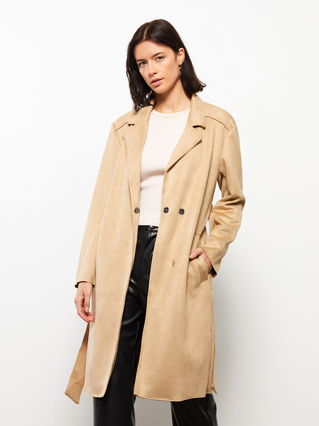 Jacket Collar Straight Long Sleeve Suede Look Women's Trench Coat -S33205Z8-SS0