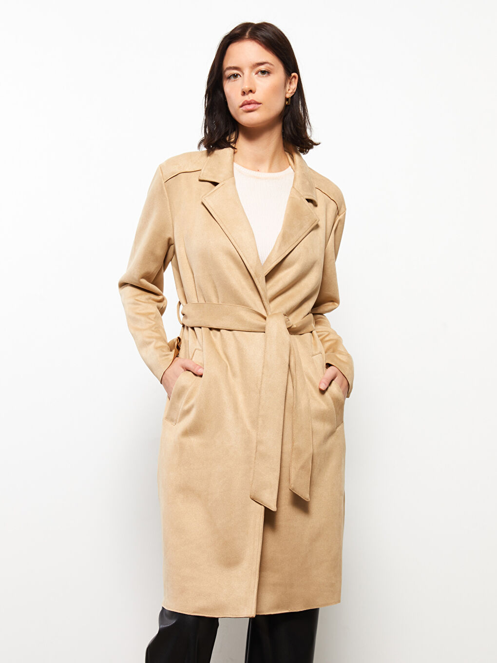 Jacket Collar Straight Long Sleeve Suede Look Women's Trench Coat -S33205Z8-SS0