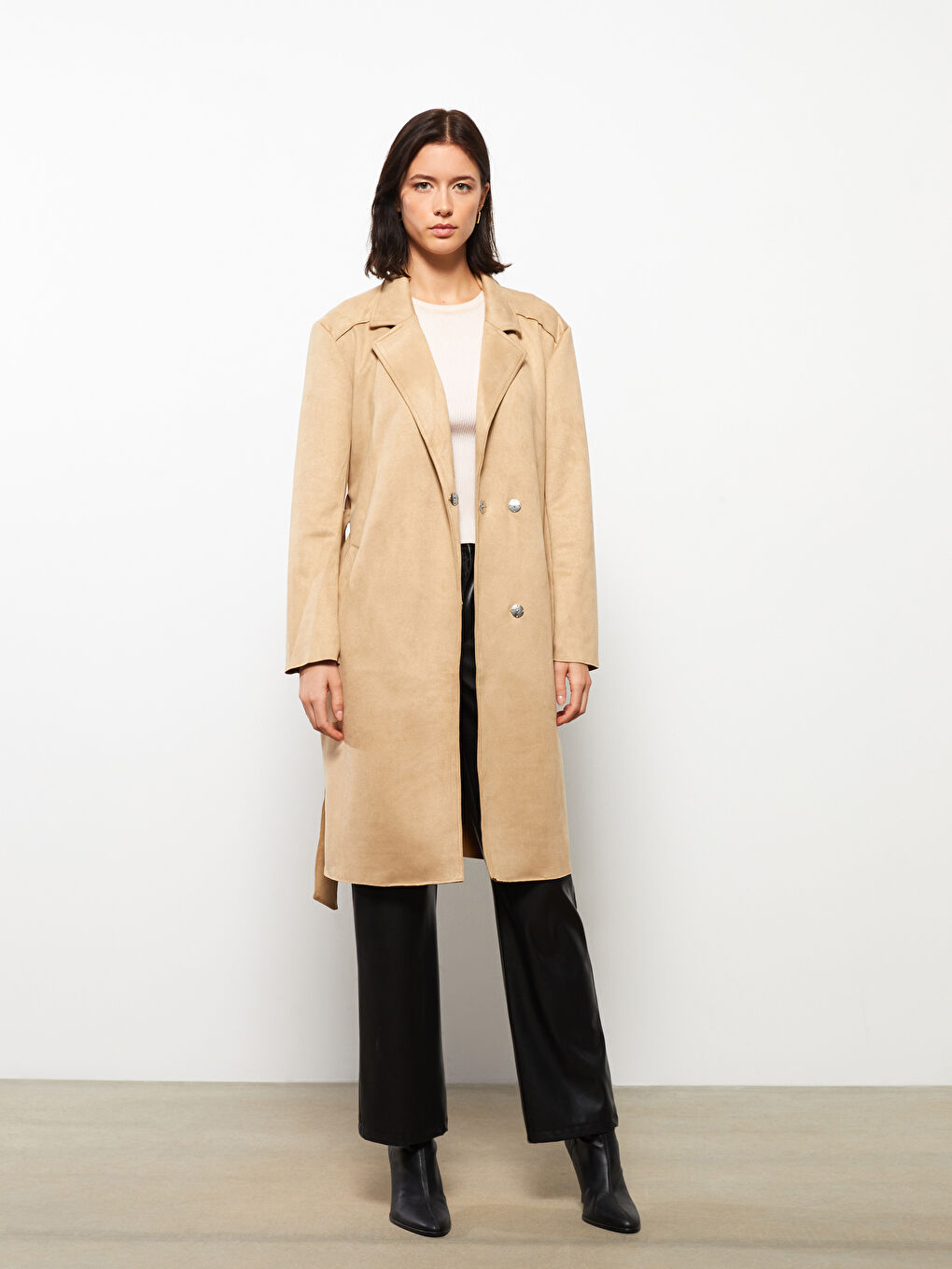 Jacket Collar Straight Long Sleeve Suede Look Women's Trench Coat -S33205Z8-SS0