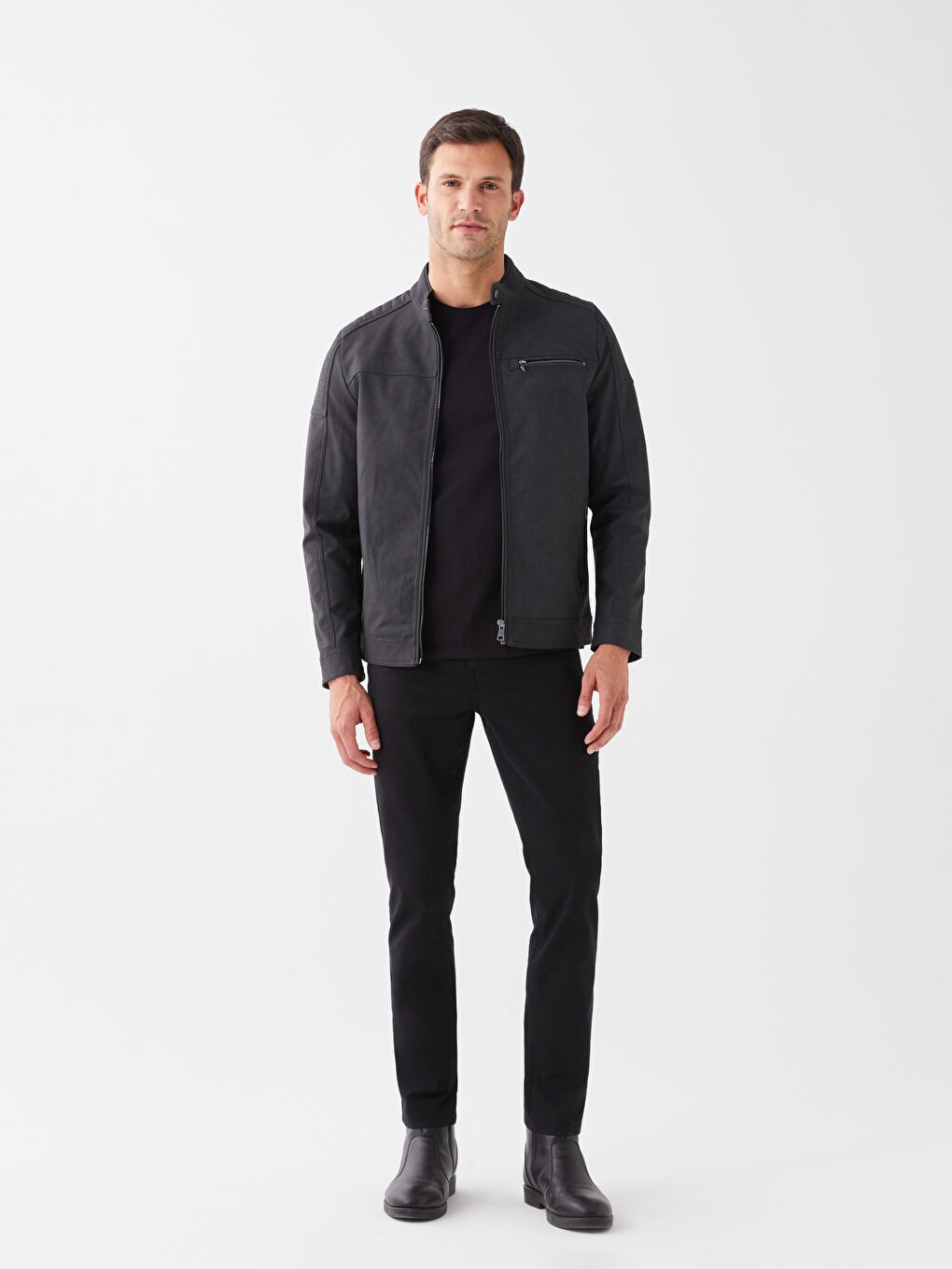 Siyah Standart Kalıp Dik Yaka Erkek Deri Görünümlü Mont-2