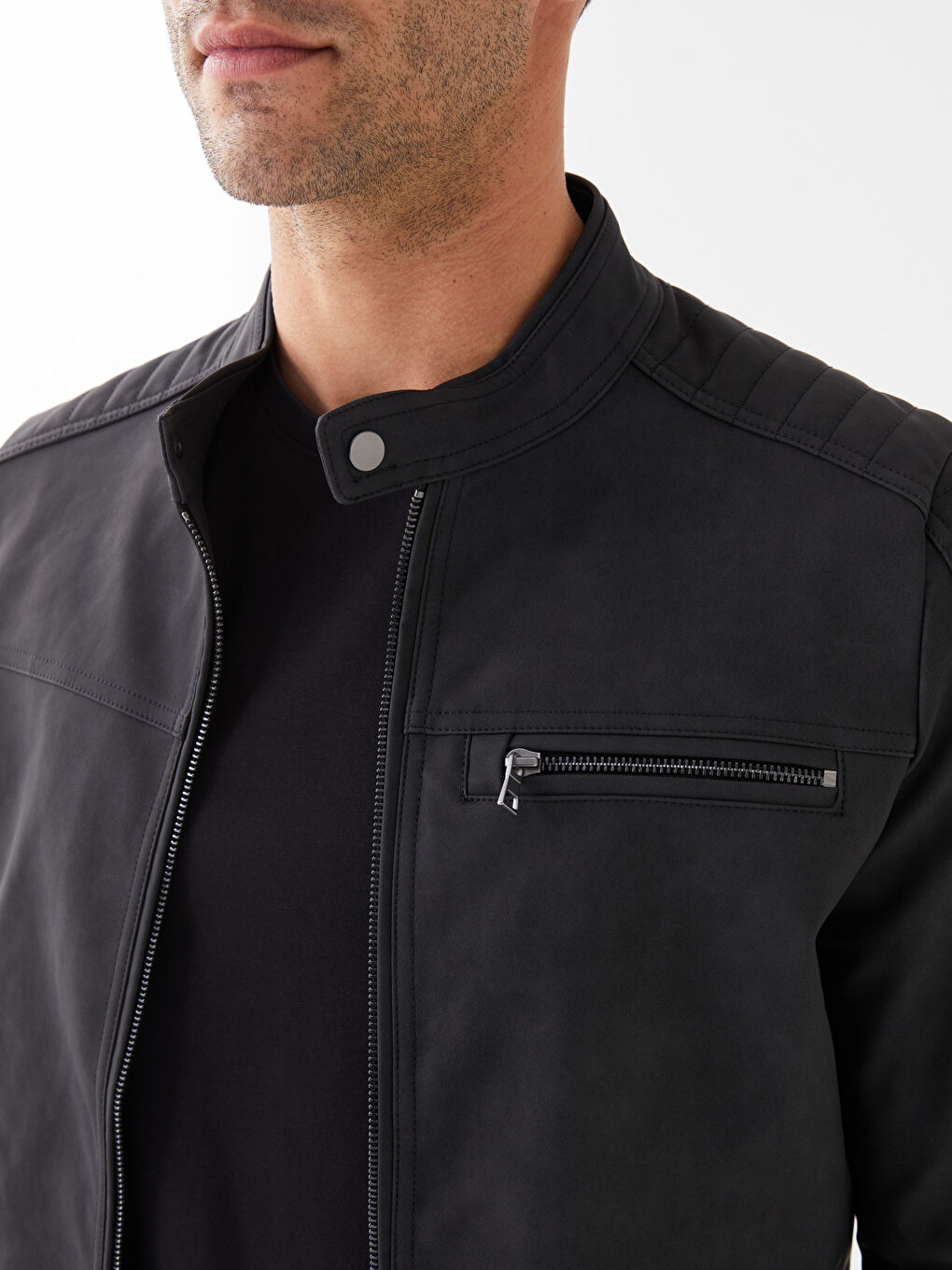 Siyah Standart Kalıp Dik Yaka Erkek Deri Görünümlü Mont-3