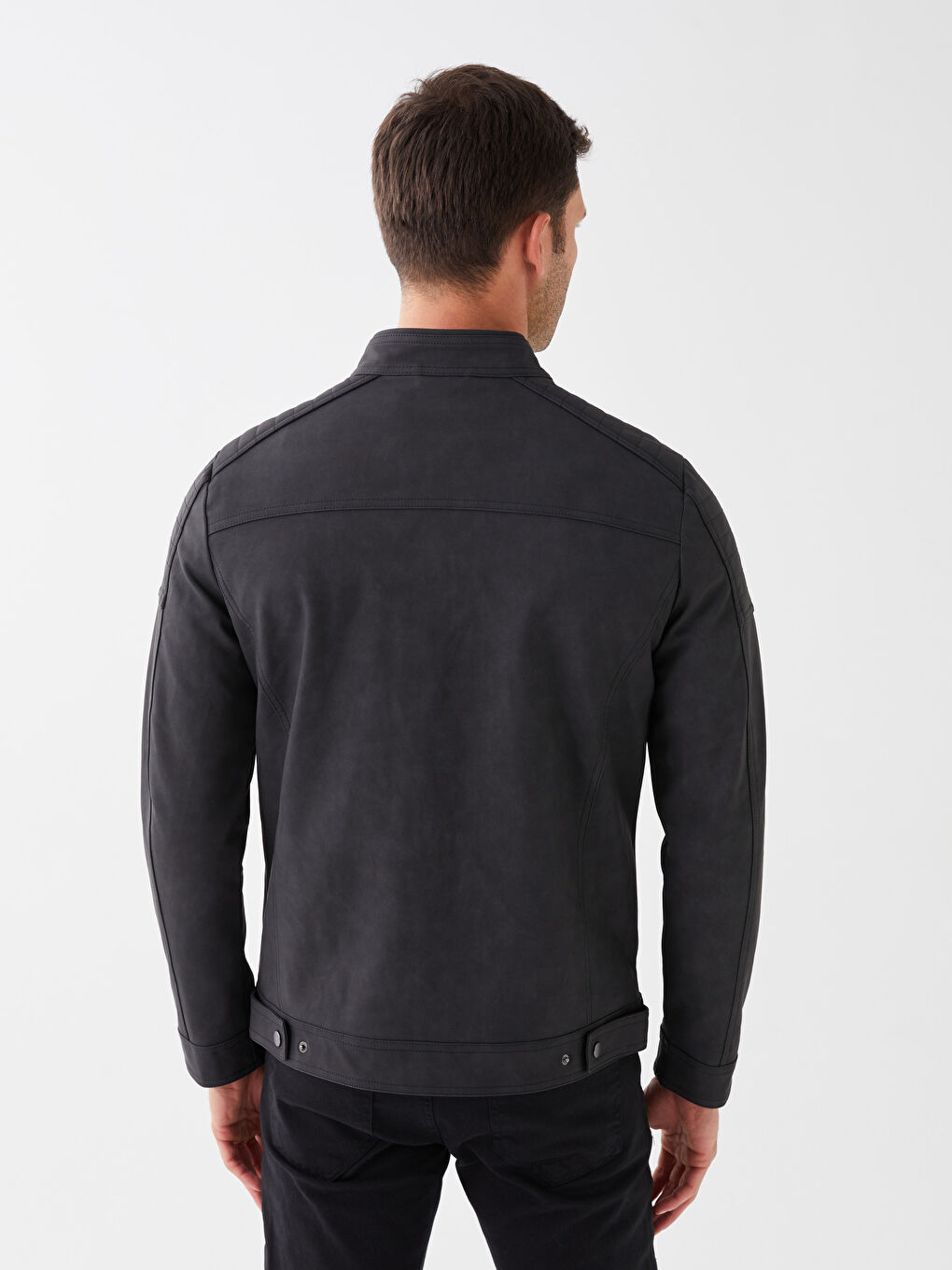 Siyah Standart Kalıp Dik Yaka Erkek Deri Görünümlü Mont-5