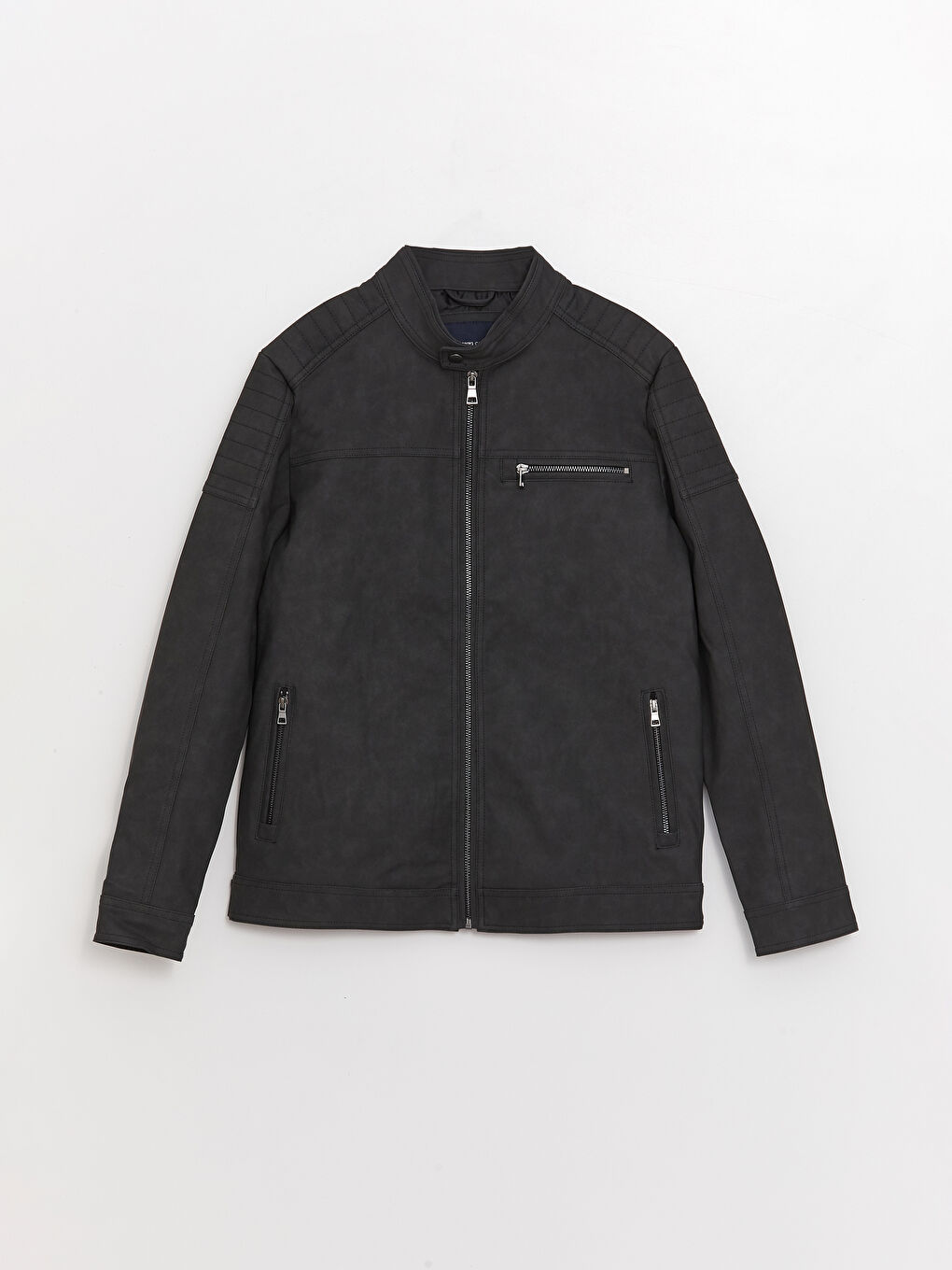 Siyah Standart Kalıp Dik Yaka Erkek Deri Görünümlü Mont-6