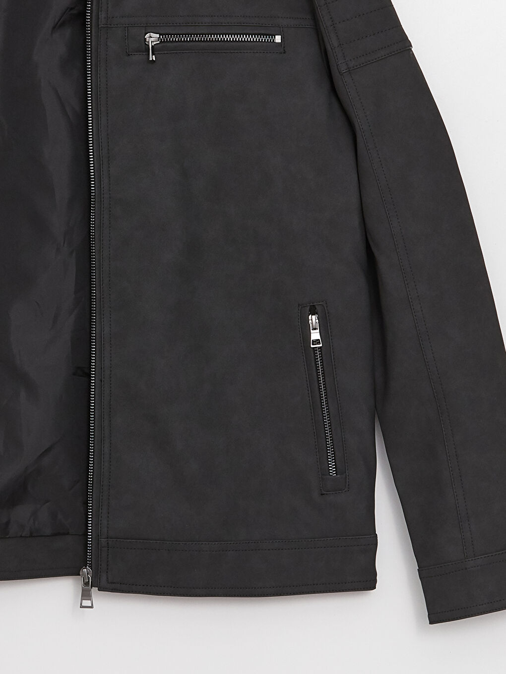 Siyah Standart Kalıp Dik Yaka Erkek Deri Görünümlü Mont-8