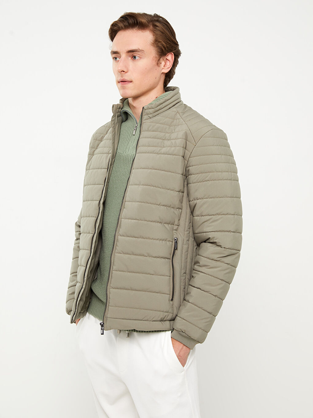 Yeşil Standart Kalıp Dik Yaka Erkek Şişme Mont