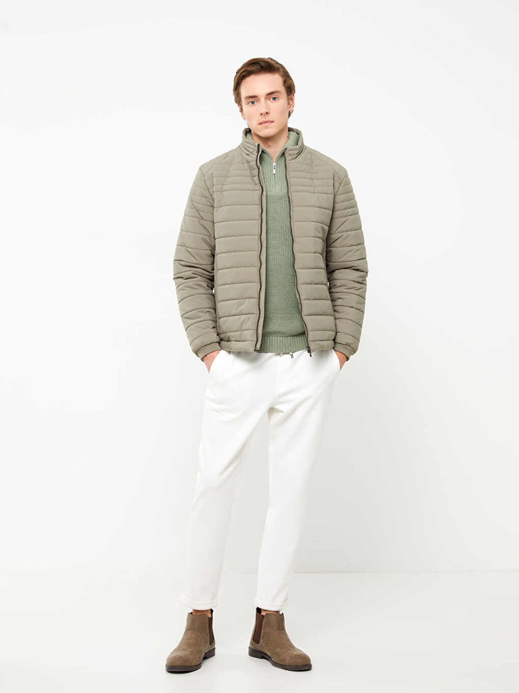 Yeşil Standart Kalıp Dik Yaka Erkek Şişme Mont-1