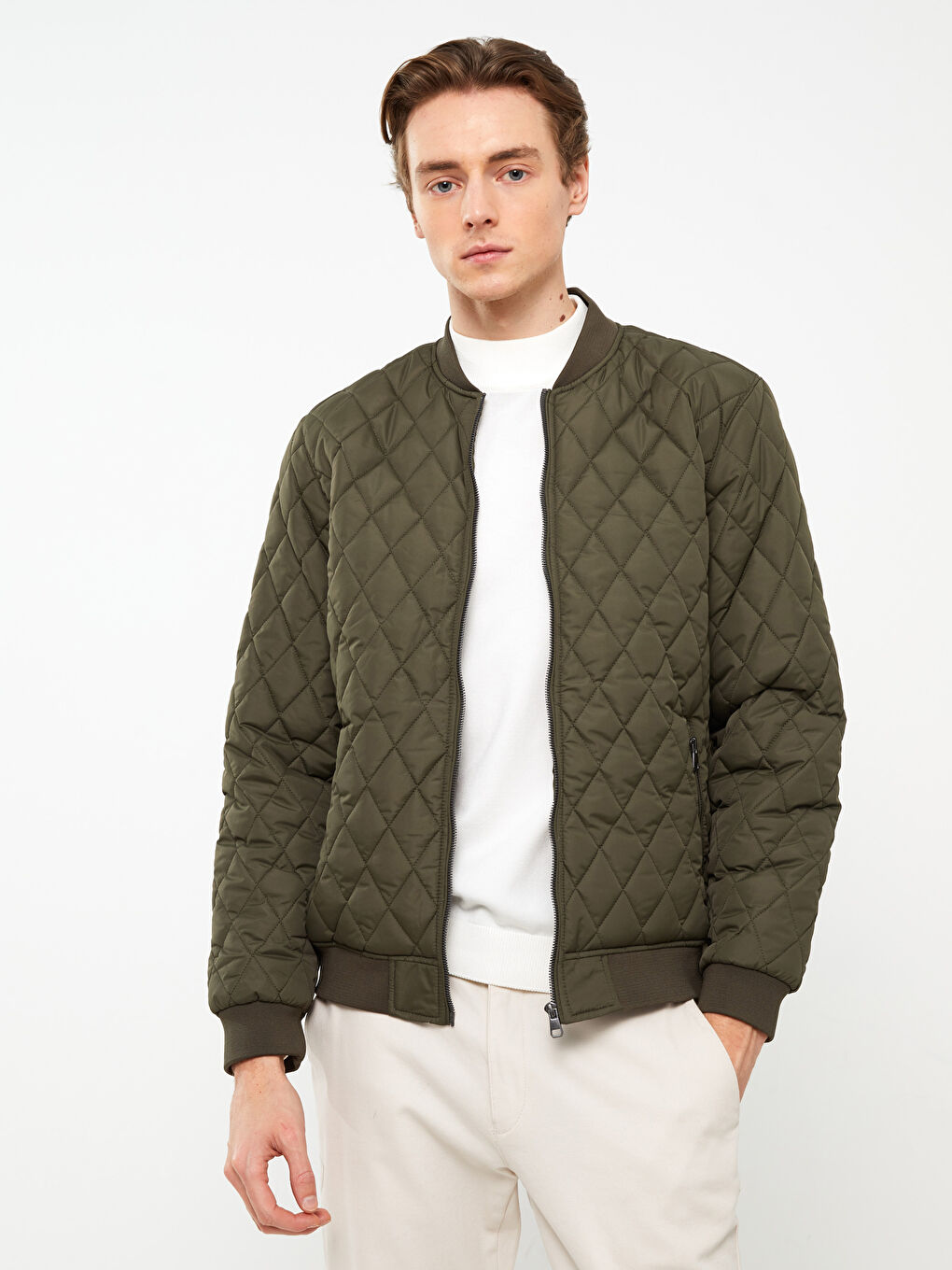 Haki Standart Kalıp Kolej Yaka Erkek Bomber Mont