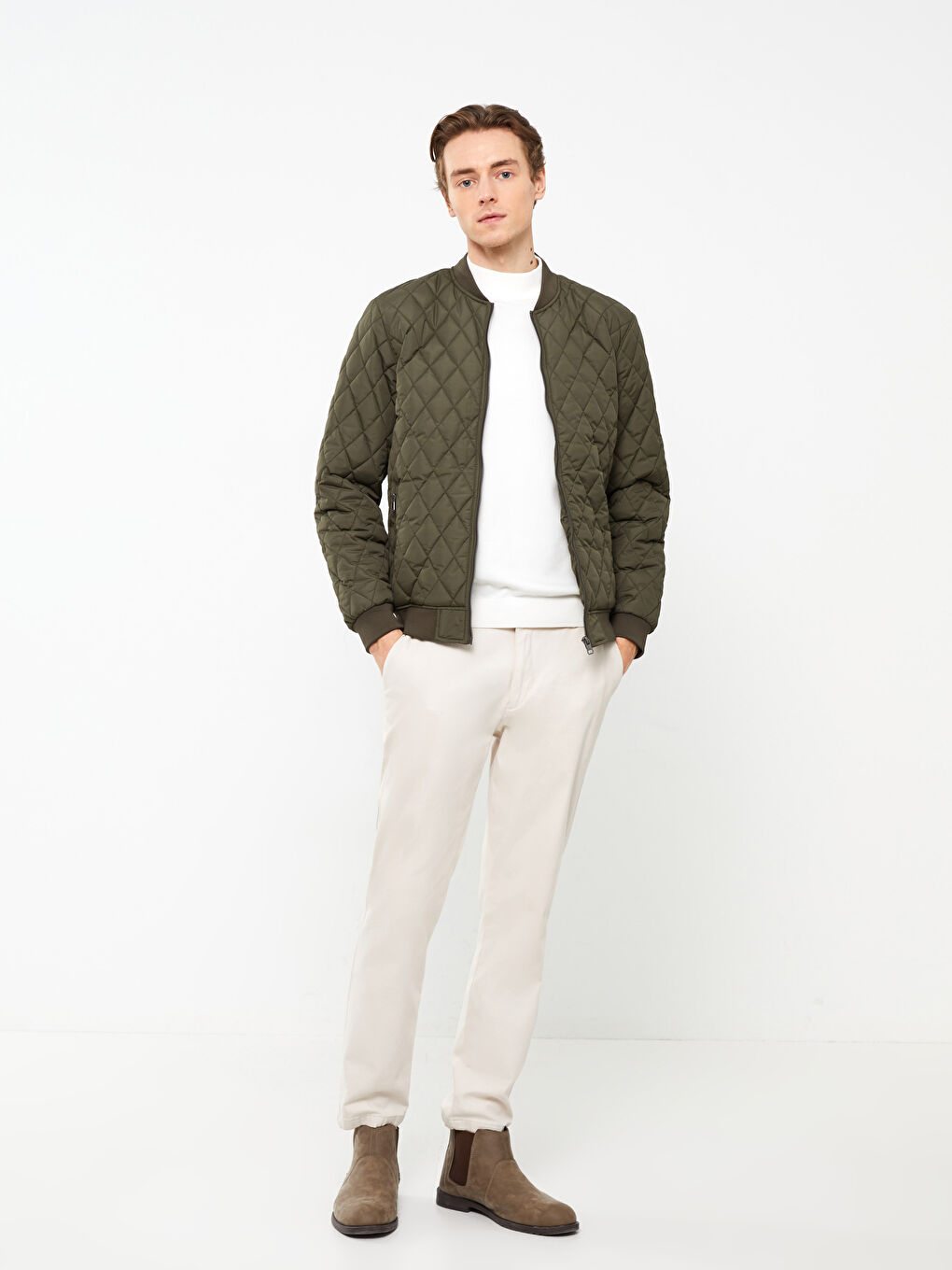 Haki Standart Kalıp Kolej Yaka Erkek Bomber Mont-1