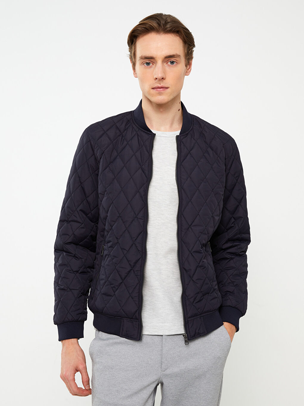 Lacivert Standart Kalıp Kolej Yaka Erkek Bomber Mont